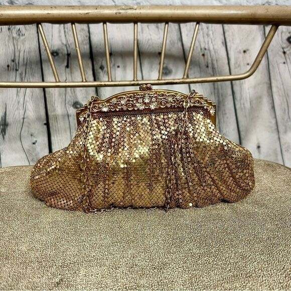 Whiting & Davis vintage gold metal mesh kisslock frame chain clutch bag - Picture 5 of 13